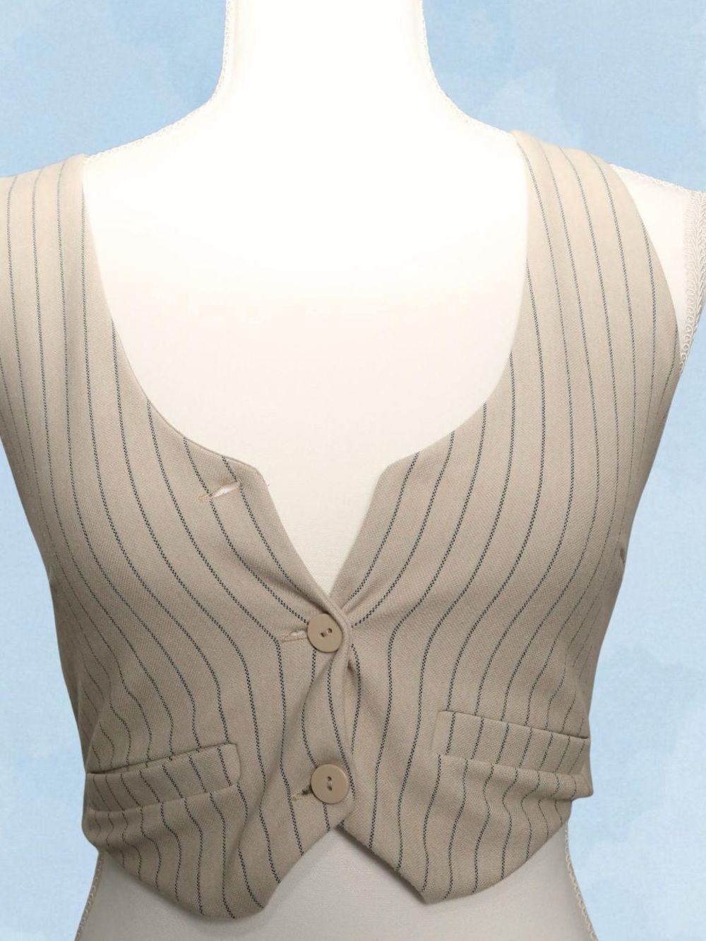 Womens Beige Pinstripe Button-Front Vest
